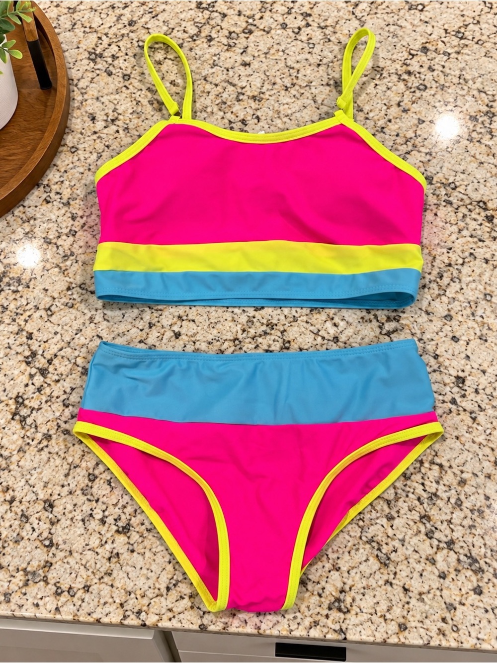 SHEIN Neon Pink, Blue & Yellow Colorblock Girls Two-Piece Swim Set